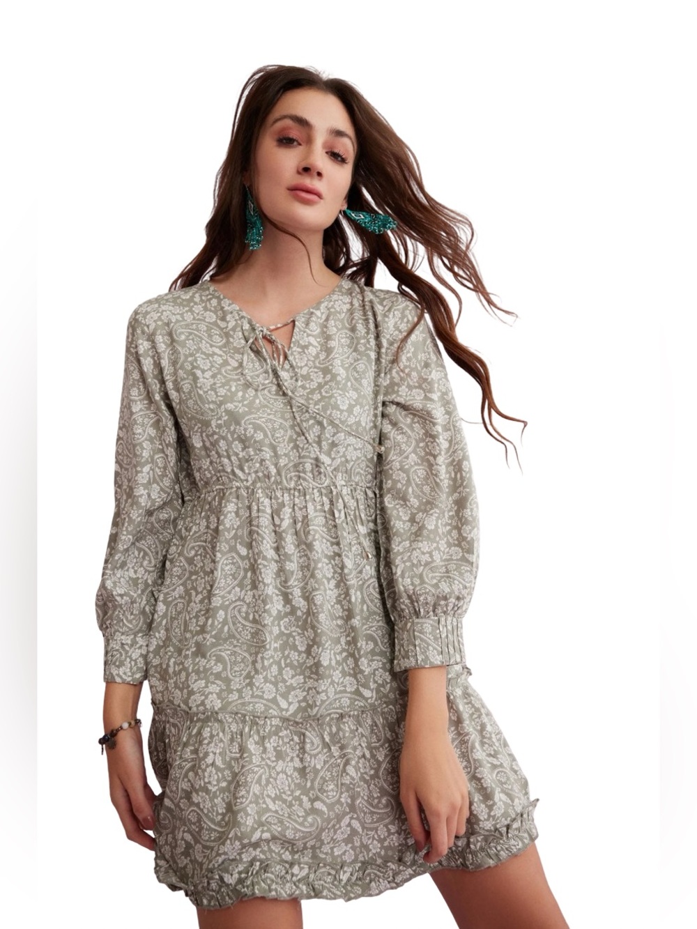 BOHERA FIONA LYNNE Full Sleeve Floral Paisley Tiered Ruffle Peasant Dress